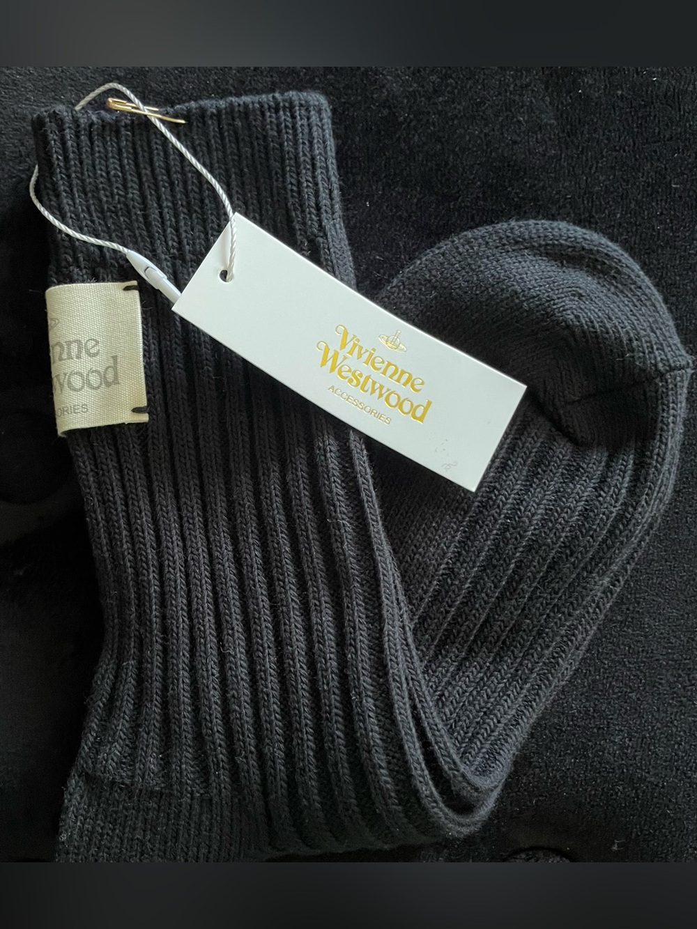 Vivienne Westwood Black Ribbed Crew Socks with Gold Logo Tag
